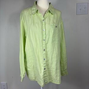 Studio Works Women’s Key Lime Green 100% Linen Button Up Top Roll Tab Sleeves Lg